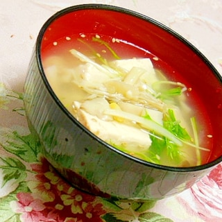 塩麹きのこｄｅ❤豆腐と水菜とコーンのにんにくスープ